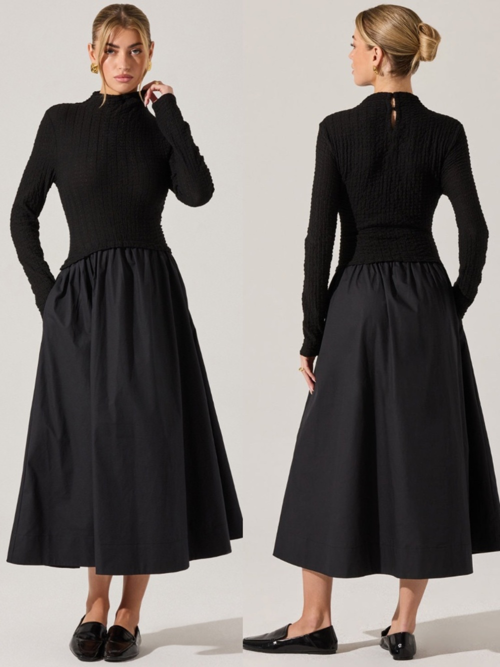 NEW ASTR The Label BLACK Kearney SWEATER KNIT Mixed Media POPLIN Midi DRESS L